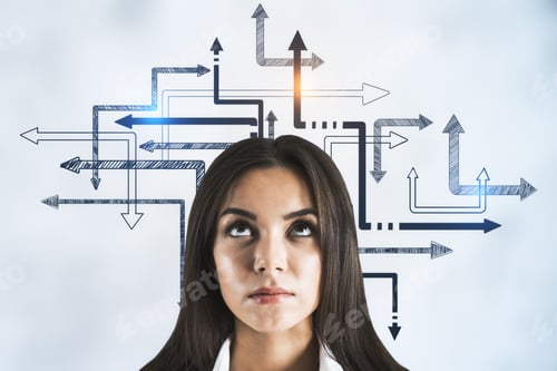 Preview: Businesswoman And Drawing Arrow System On Over Head. Business And Challenge Concept. Close Up