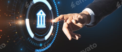 Preview: Businessman Hand Pointing At Creative Glowing Blue Public Building Hologram On Dark Background