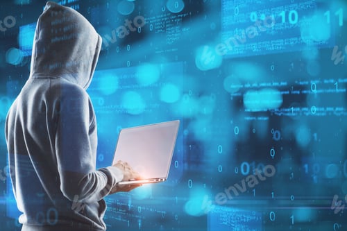 Preview: Hacker In Hoodie Using Laptop With Abstract Glowing Blue Coding Background. Binary Code, Theft