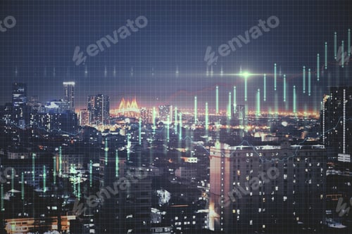 Preview: Growth Concept With Business Chart Screen With Going Up Green Graphs At Night Megapolis City