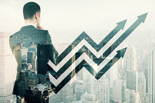 Preview: Thoughtful Businessman Standing On Abstract City Background With Digital Arrows. Growth And Career