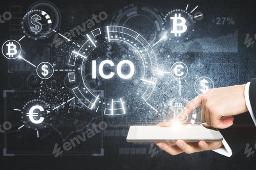 Preview: Hand Using Tablet With Abstract Ico Hologram. Initial Coin Offering Concept
