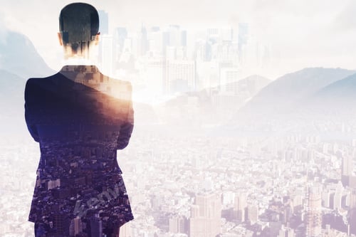 Preview: Rear View Of Thoughtful Young Businessman Looking At Abstract City With Sunlight And Copy Space