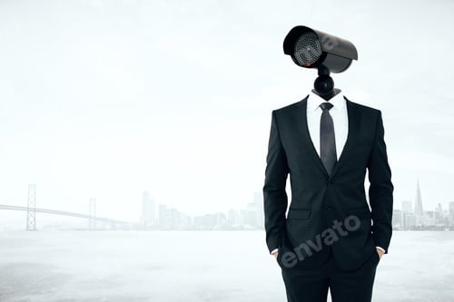 Preview: Business Security Management Concept. Businessman With Cctv Camera Instead Of Head On Light City