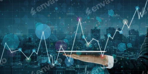Preview: Close Up Of Businessman Hand Holding Tablet With Abstract Glowing Business Chart On Blurry Grid