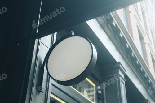 Preview: Empty Round Stopper On Blurry Building. Bar Or Restaurant Ad Concept. Mock Up