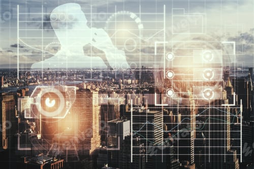 Preview: Abstract New York City Background With Digital Business Interface And Businessman Silhouette