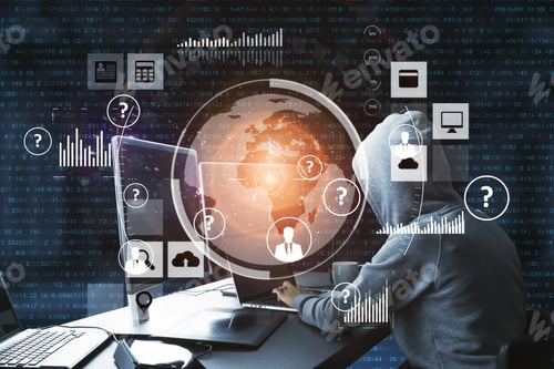 Preview: Hacker Using Computer With Digital Business Interface In Interior. Hacking And Cyber Attack Concept.