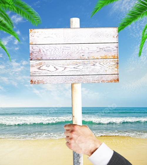 Preview: Businessman Hand Holding Empty Wooden Signboard On Seashore Background. Mock Up, 3D Rendering