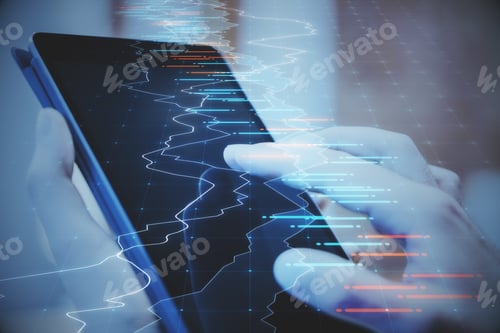Preview: Close Up Of Hands Using Device With Forex Chart On Blurry Background. Trade And Analytics Concept