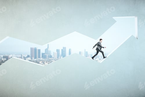 Preview: Businessman Walking On Abstract Transparent Arrow On Modern City Background. Business And Challenge
