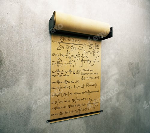 Preview: Parchment Paper Roll With Mathematical Formulas, Hanging On Concrete Wall. 3D Render