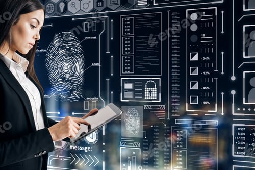 Preview: Businesswoman Using Tablet With Abstract Glowing Blue Finger Print Hologram On Blurry Night City