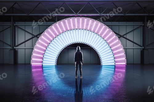 Preview: Hacker Standing In Modern Empty Pavilion With Color Neon Lamp Arch. Future And Innovation Concept.