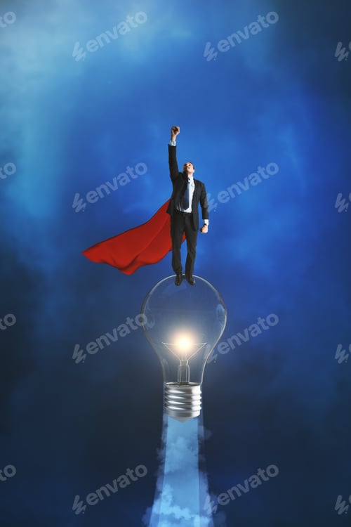 Preview: Superhero Businessman Flying With Launching Lamp On Blue Background. Power And Success Concept