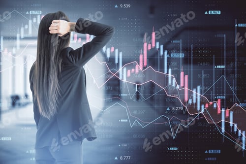 Preview: Back View Of Stressed Out Business Woman Looking At Abstract Downward Forex Chart On Blurry Office