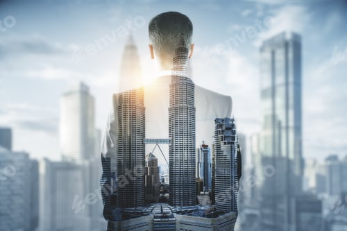 Preview: Back View Of Young Businessman On Blurry Bright City Background. Research And Success Concept
