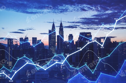 Preview: Stats Data Network Concept With Glowing Digital Graphs And Numbers On Abstract Night City
