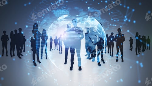 Preview: Backlit Group Of Businesspeople Standing On Light Background With Glowing Digital Global Network
