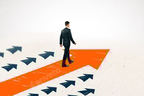 Preview: Side View Of Young Businessman Following Drawn Arrows On Light Background. Success And Growth