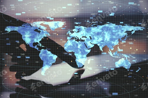 Preview: Close Up Of Hand Using Backlit Tablet With Digital Map And Forex Chart Grid. Technology And Stock