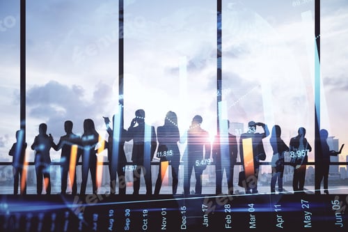 Preview: Crowd Of Backlit Businesspeople Standing In Abstract Interior With Forex Chart And City View