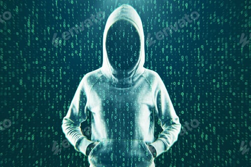 Preview: Front View Of Hacker With Hood On Abstract Binary Code Background. Attack And Virus Concept. Double