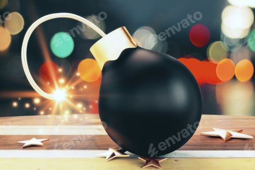 Preview: Christmas Tree Black Bomb With A Lit Fuse And Golden Stars 3D Render