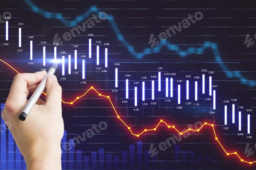 Preview: Man Hand Touches Digital Screen With Glowing Candle Sticks, Red And Blue Financial Graphs Of Stock