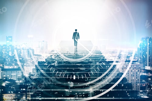 Preview: Businessman Climbing Abstract Stairs With Digital Clock On Night City Background. Finance Concept
