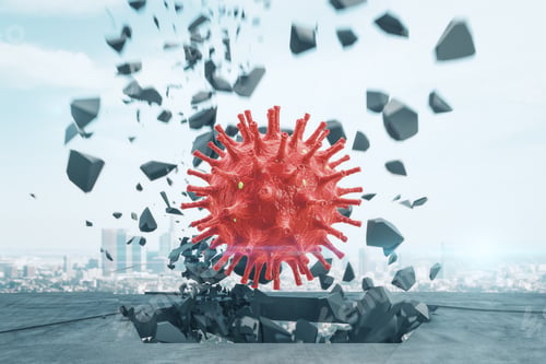 Preview: Red Coronavirus Bacteria Crashes Into Concrete Floor On City Background. Coronavirus Helath Crisis