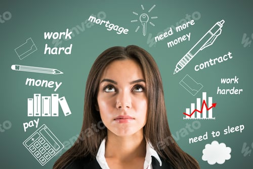 Preview: Attractive Young European Businesswoman With Creative Business And Lifestyle Sketch On Chalkboard