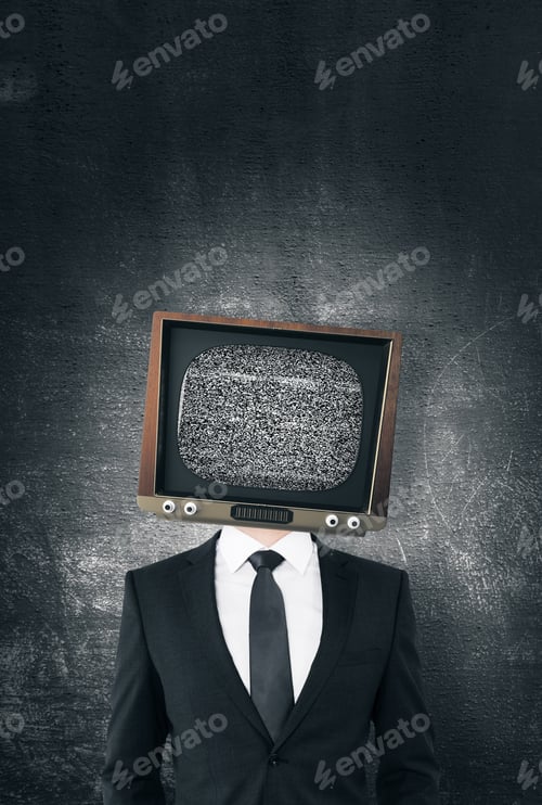 Preview: Tv Headed Businessman Standing On Concrete Wall Background. Brainwash And Control Concept