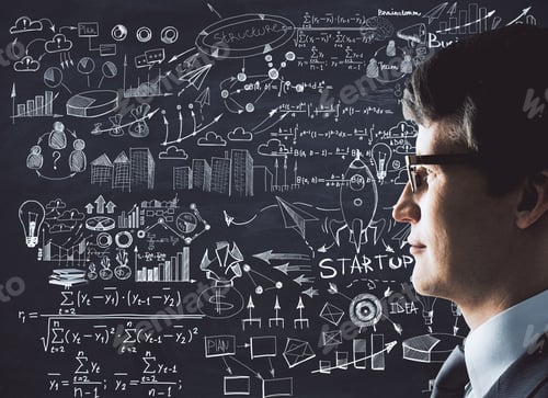 Preview: Side Portrait Of Handsome Young Businessman On Business Sketch Background. Financial Growth Concept