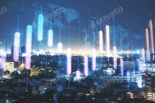 Preview: Creative Night City View Background With Glowing Business Graph And Map. Global Investment And