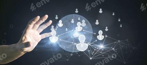 Preview: Hand Using Glowing Globe Interface With People Icons On Dark Background. Social Networking And