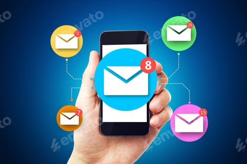 Preview: Close Up Of Businessman Hand Holding Smartphone With Abstract Email Network On Blue Wall