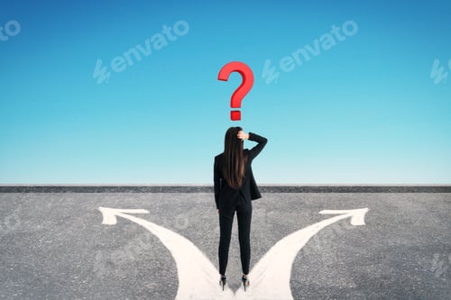 Preview: Back View Of Young Businesswoman Standing On Road With Arrows And Question Mark. Sky Background