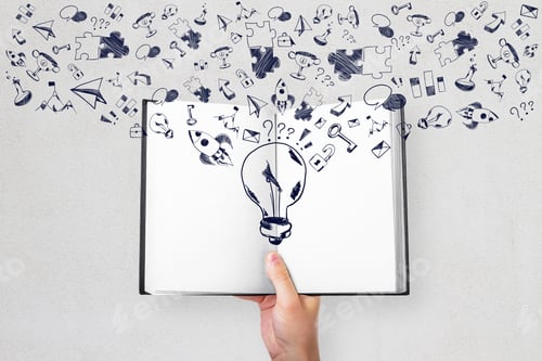 Preview: Hand Holding Book With Creative Business Sketch. Education And Idea Concept