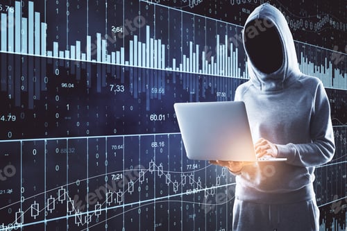 Preview: Hacker Using Laptop With Abstract Forex And Big Data Interface On Dark Background. Ai And Trade