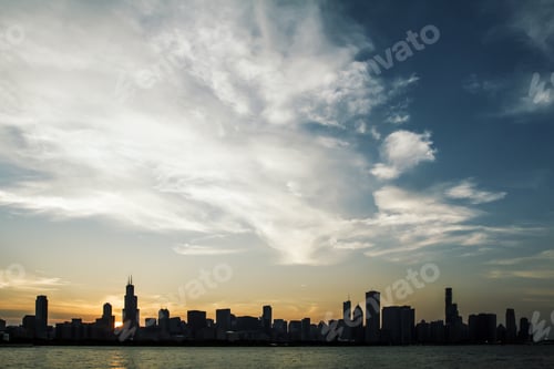 Preview: Modern Waterfront Chicago City Skyline Background At Sunset. Urban Architecture Concept