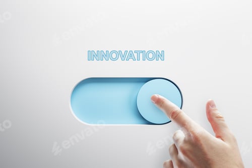Preview: Close Up Of Male Finger Turning On Slider Button On White Background. Innovation And Success Concept