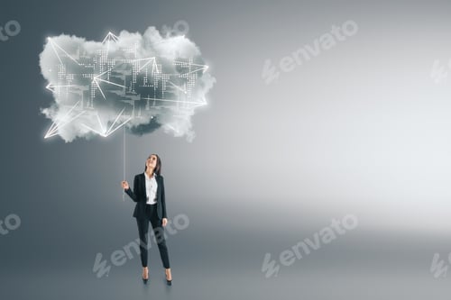 Preview: Businesswoman With Digital Cloud Standing On Grey Background. Cloud Computing And Technology Concept