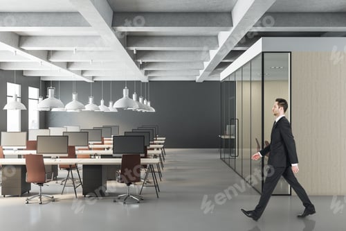 Preview: Businessman Walking In Contemporary Office Interior With Open Space And Computers. Workplace And