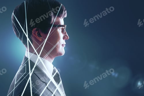 Preview: Portrait Of Attractive Young European Man With Digital Lines On Blue Background With Mock Up Place