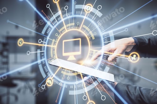 Preview: Encircled Computer Icon With A Hand Touching The Tablet In The Background, Online Business And And