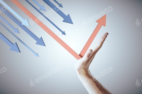 Preview: Hand Holds A Red Arrow On Gray Background. Business And Challenge Concept.