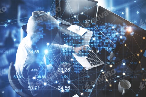 Preview: Hacker Using Computer With Glowing Data Interface. Hacking And Cyber Attack Concept. Multiexposure