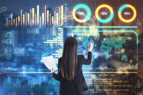 Preview: Big Data Concept With Analyzing Businesswoman With Papers In Hand And Writing On Digital Interface