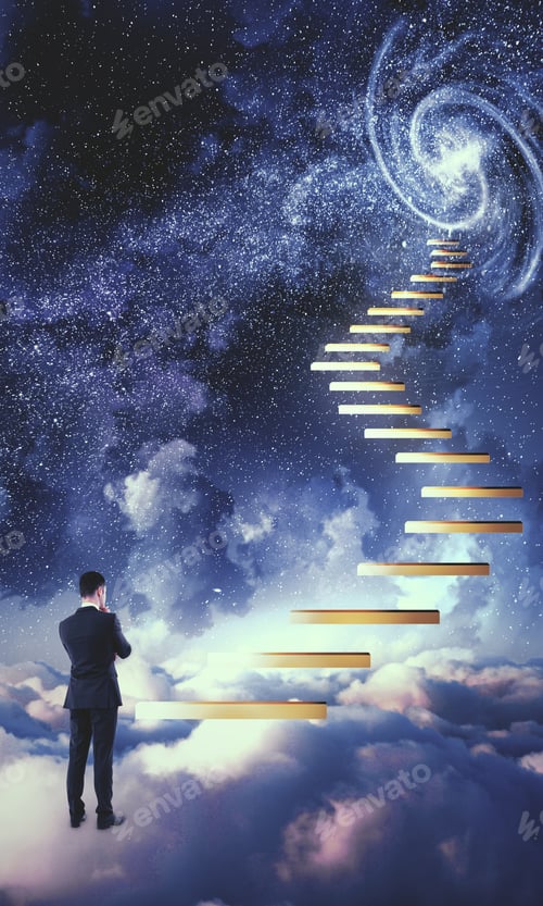 Preview: Thoughtful Young Businessman Standing Next To Ladder Leading To Success On Starry Night Sky